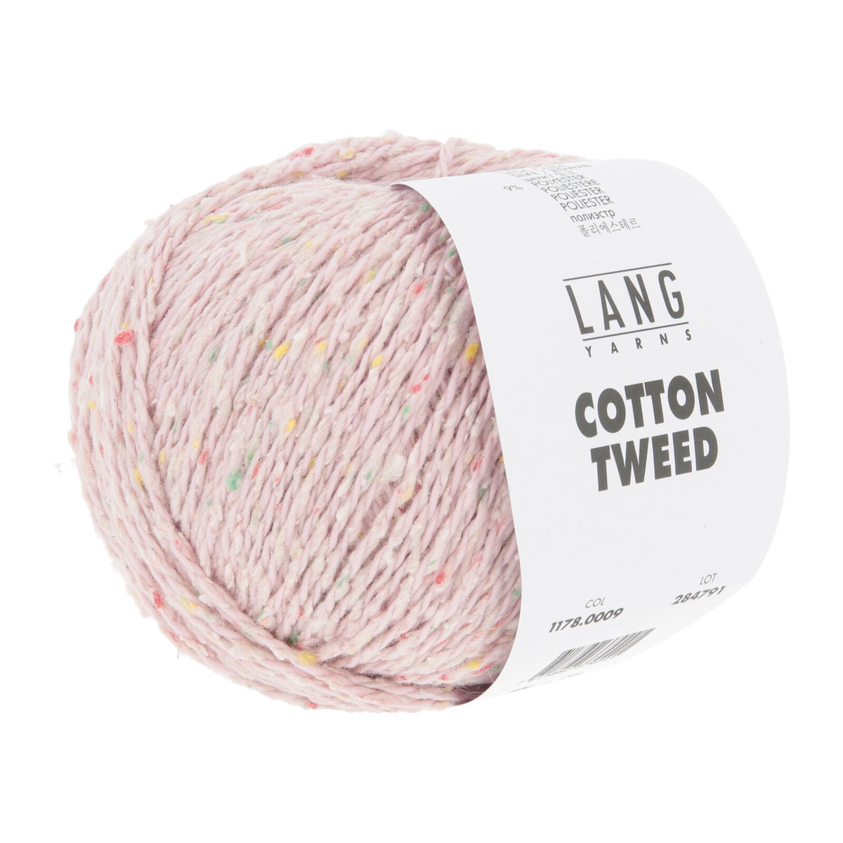 Soft, pale pink LANGYARNS Cotton Tweed yarn ball flecked with colorful silk nepps, giving a nubby, tweedy texture perfect for lightweight summer garments.