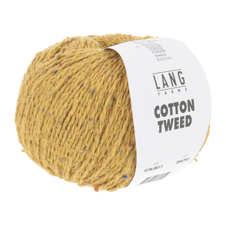 Warm, golden mustard LANGYARNS Cotton Tweed yarn ball with a soft handle and lively flecks of silk nepps, ideal for rustic summer accessories.
