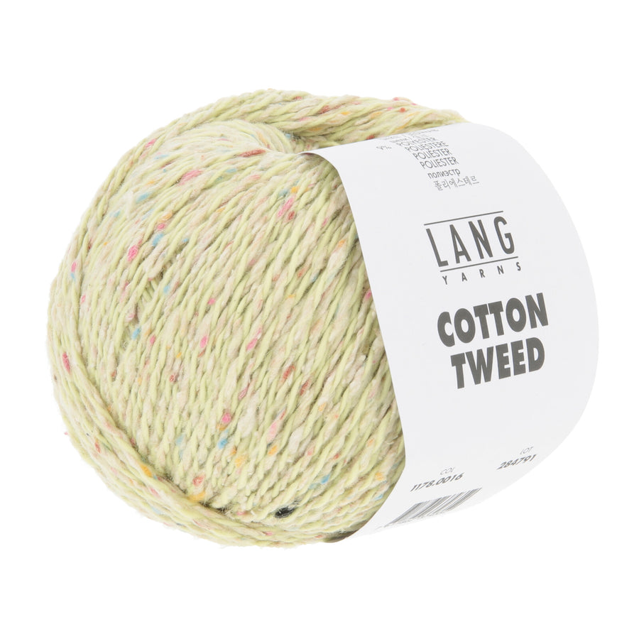 Soft, pale chartreuse LANGYARNS Cotton Tweed yarn ball with a light, airy handle and playful flecks of colorful silk nepps, great for fresh spring knits.