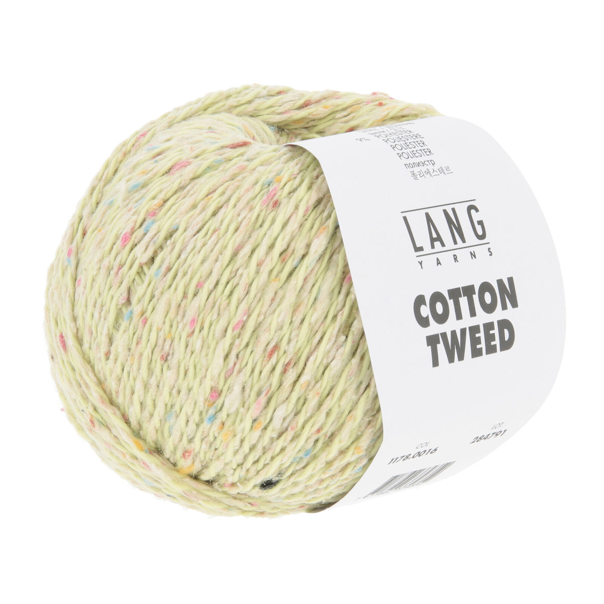 Soft, pale chartreuse LANGYARNS Cotton Tweed yarn ball with a light, airy handle and playful flecks of colorful silk nepps, great for fresh spring knits.