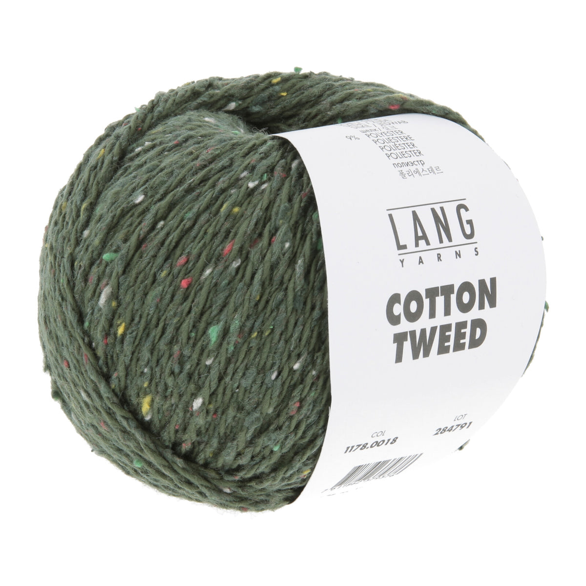 Deep, earthy forest-green LANGYARNS Cotton Tweed yarn ball with a soft handle and vibrant flecks of silk nepps, ideal for rustic outdoor-inspired knits.