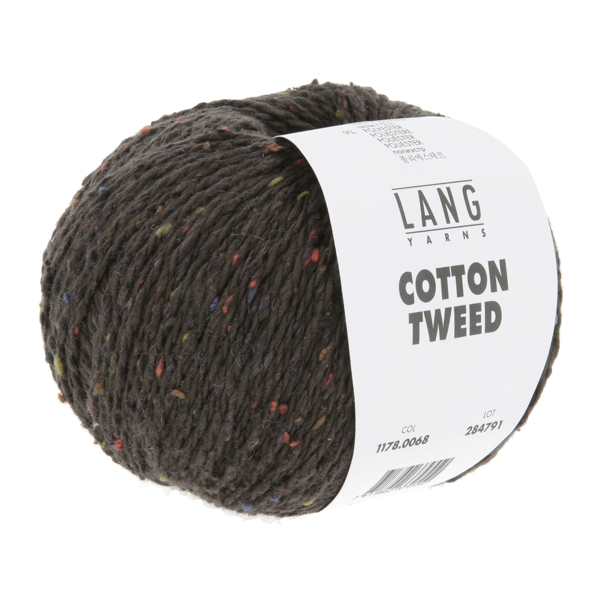 Deep, smoky charcoal-brown LANGYARNS Cotton Tweed yarn ball with a soft handle and vivid flecks of silk nepps, ideal for versatile, everyday knitwear.