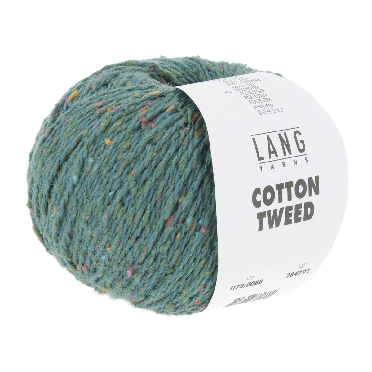 Rich, tweedy teal-green LANGYARNS Cotton Tweed yarn ball with a soft, nubby texture flecked with colorful silk nepps, perfect for rustic summer knits.