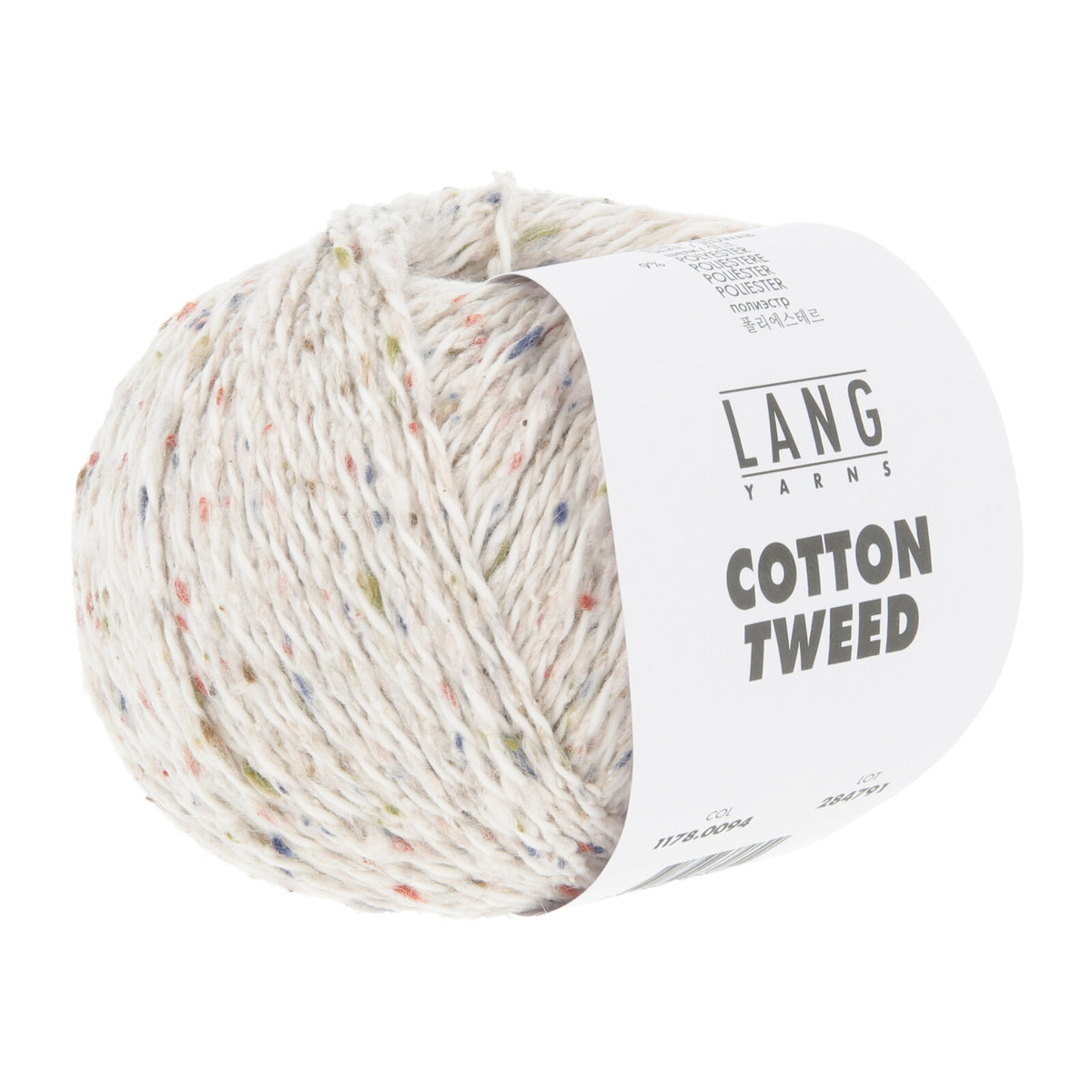 Soft, creamy off-white LANGYARNS Cotton Tweed yarn ball with a light handle and colorful flecks of silk nepps, perfect for versatile, everyday knitwear.