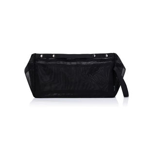 Large black mesh zipper pouch with a wristlet strap.