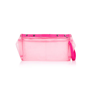 Large pink transparent mesh pouch with a wristlet strap.