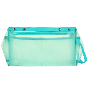 Large turquoise transparent mesh pouch with a wristlet strap.