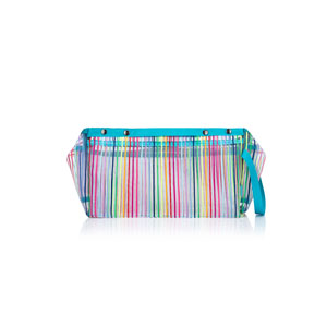 Large rainbow-striped mesh pouch with turquoise trim and a wristlet strap.