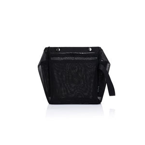 Small black mesh zipper pouch with a wristlet strap.