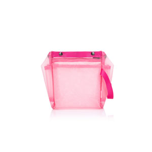 Small pink transparent mesh pouch with a wristlet strap.