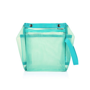 Small turquoise transparent mesh pouch with a wristlet strap.