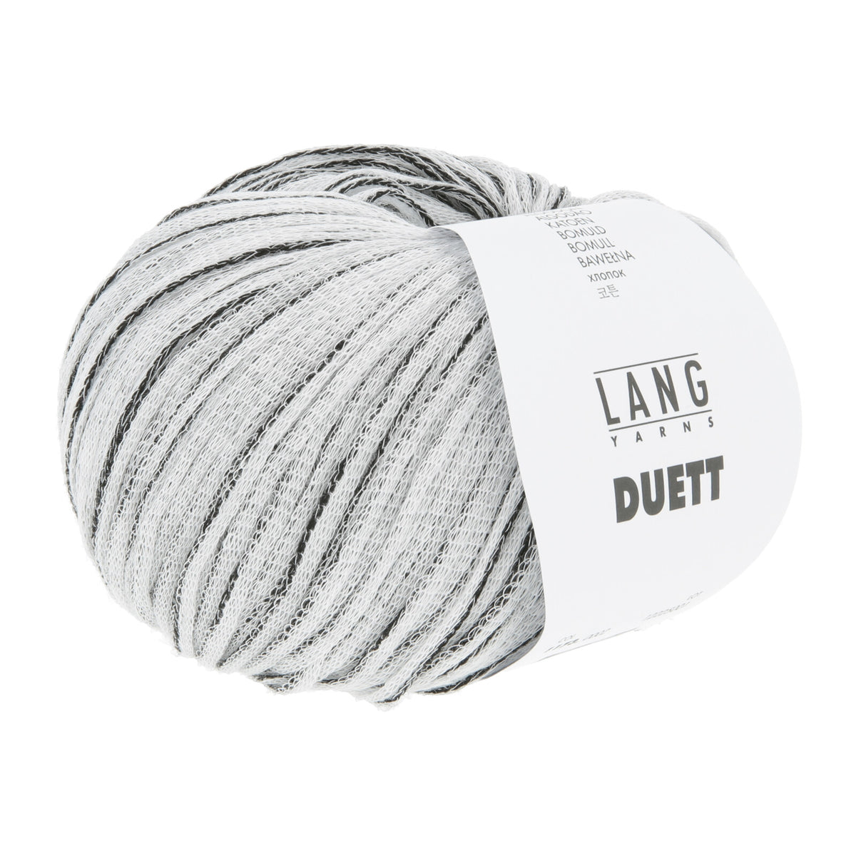 Soft, marled light-grey LANGYARNS Duett cotton yarn ball with a smooth chainette texture, showing a subtle heathered effect ideal for lightweight DK knits.