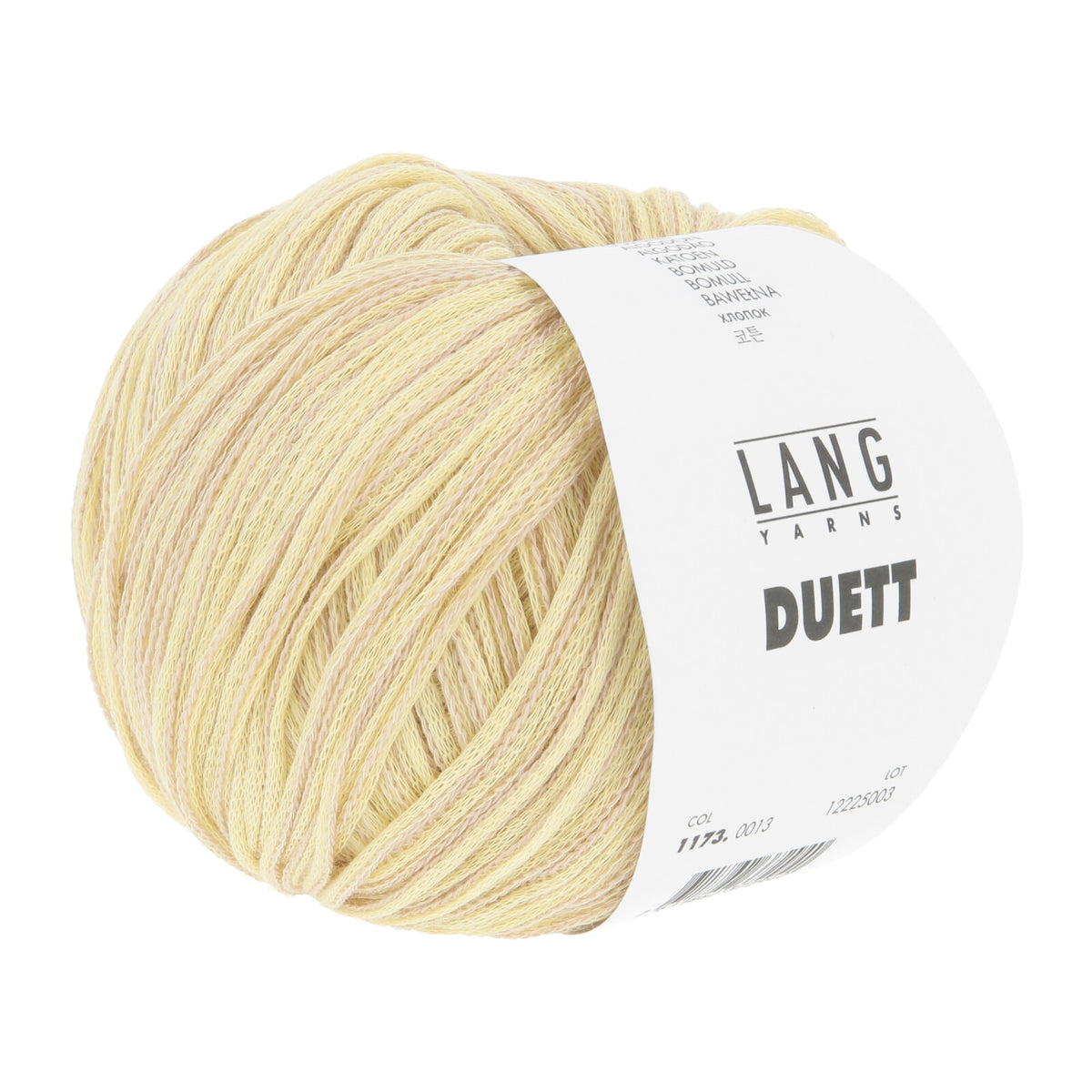 Silky, pale buttercream LANGYARNS Duett cotton yarn ball with a smooth, tweed-like marled texture, perfect for airy summer knits.