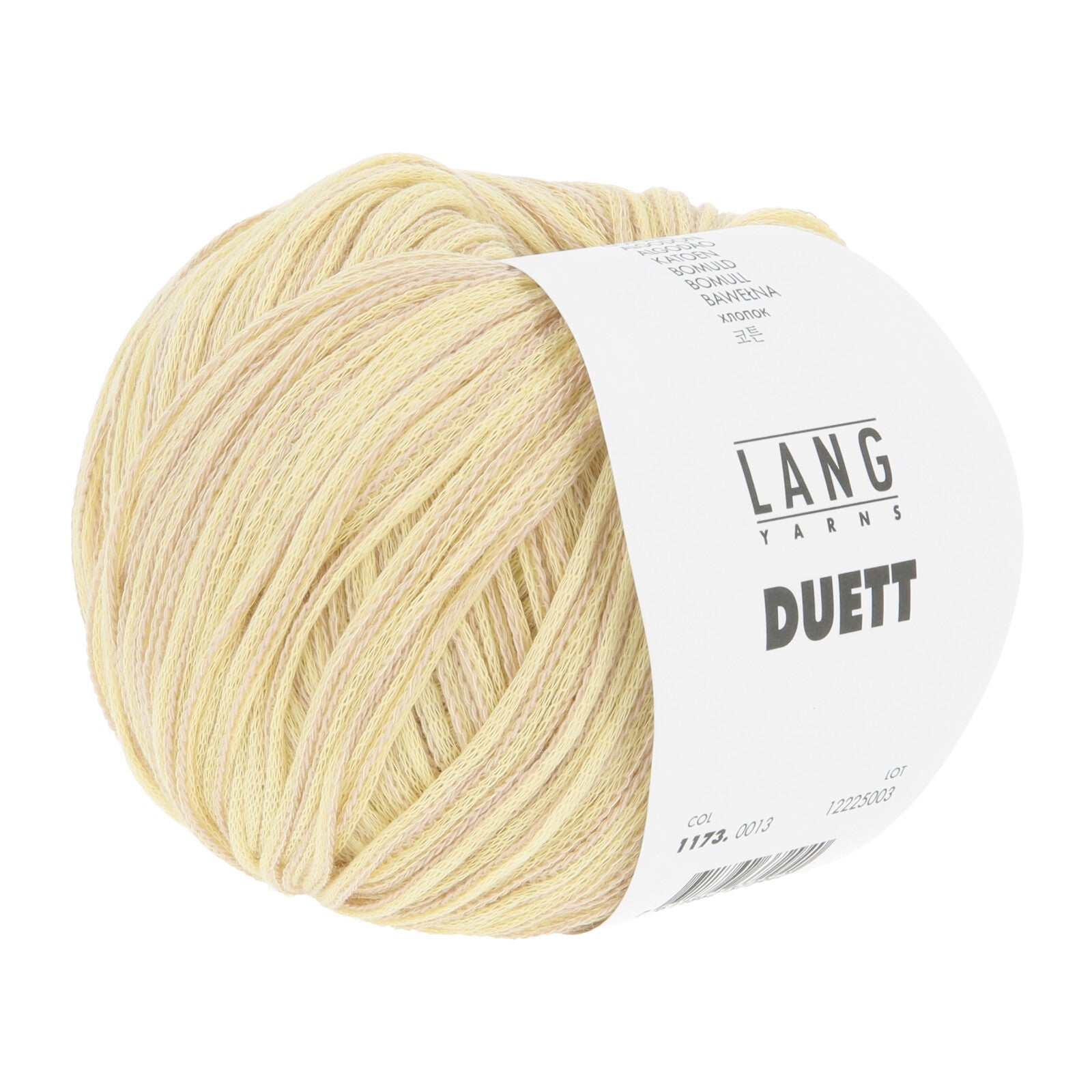 Soft, marled light-grey LANGYARNS Duett cotton yarn ball with a smooth chainette texture, showing a subtle heathered effect ideal for lightweight DK knits.