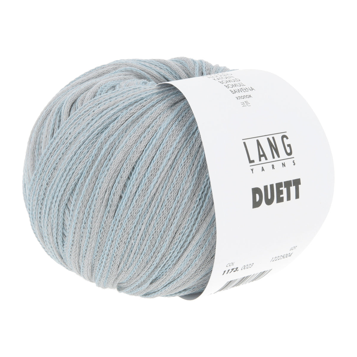 Soft, dusty blue-grey LANGYARNS Duett cotton yarn ball with a smooth marled finish, giving a cozy tonal depth to any project.