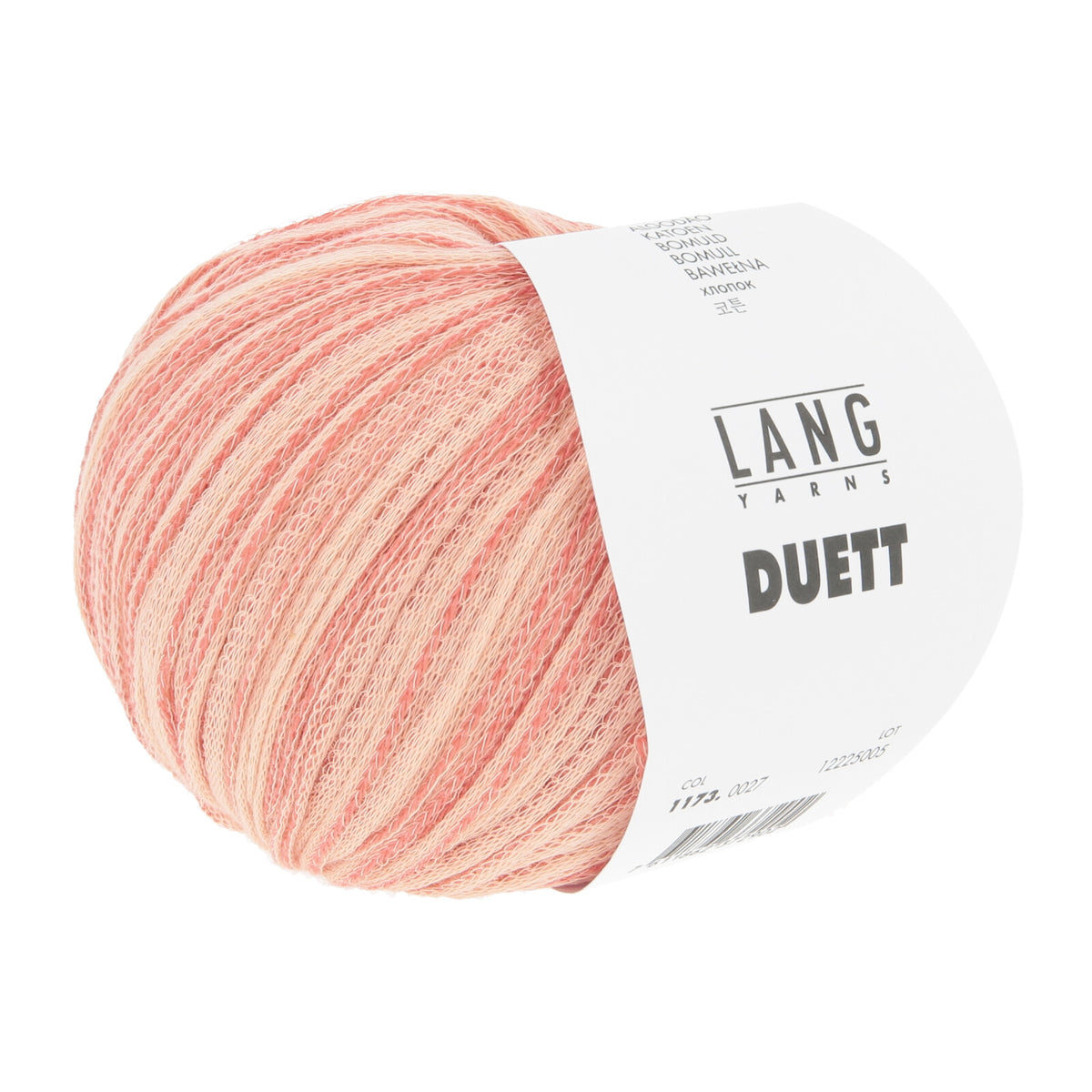 Smooth, blush coral LANGYARNS Duett cotton yarn ball with a soft heathered texture, adding warm, gentle color variation to garments.