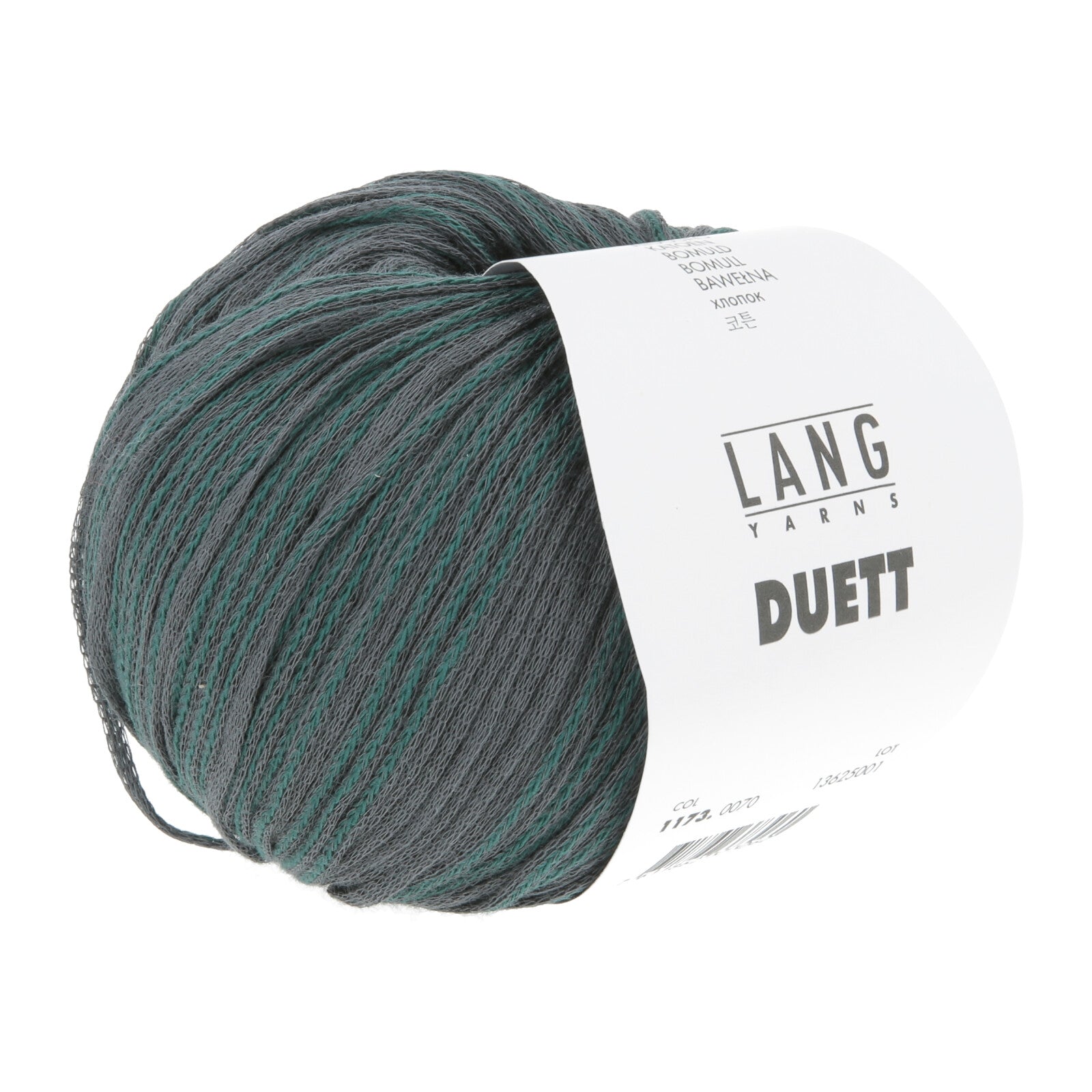 Soft, marled light-grey LANGYARNS Duett cotton yarn ball with a smooth chainette texture, showing a subtle heathered effect ideal for lightweight DK knits.