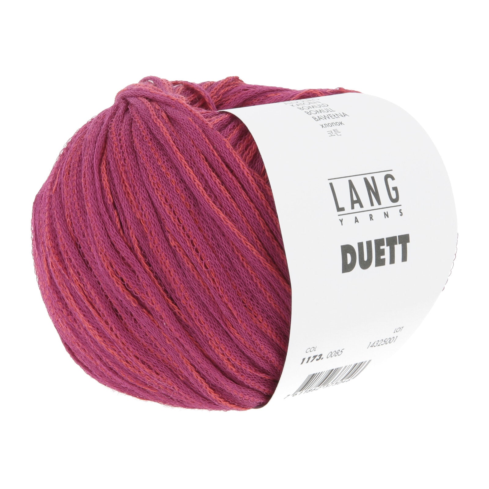 Soft, marled light-grey LANGYARNS Duett cotton yarn ball with a smooth chainette texture, showing a subtle heathered effect ideal for lightweight DK knits.
