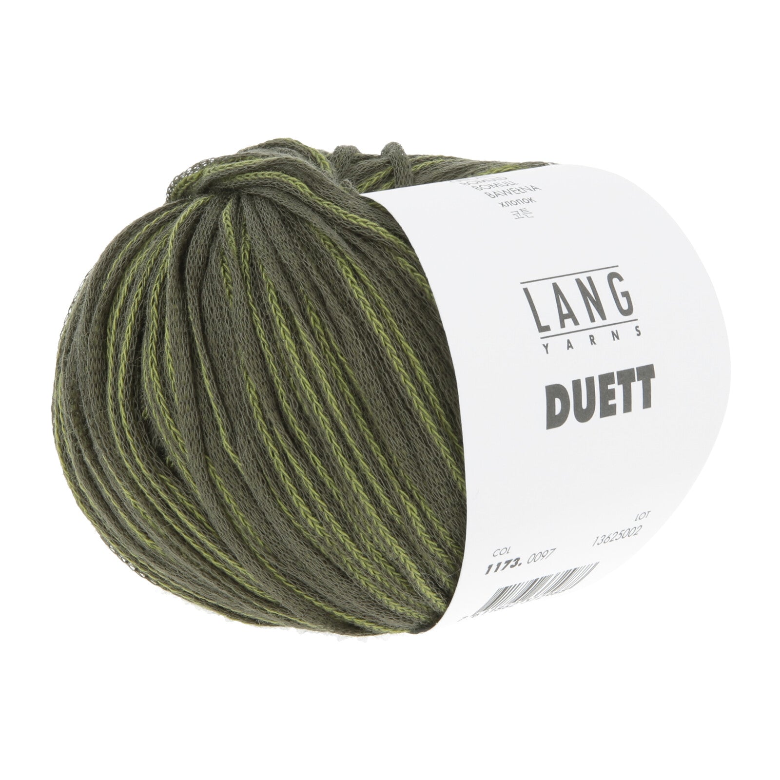 Soft, marled light-grey LANGYARNS Duett cotton yarn ball with a smooth chainette texture, showing a subtle heathered effect ideal for lightweight DK knits.