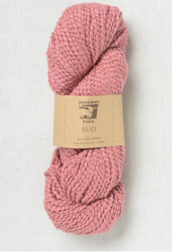 Skein of Juniper Moon Farm Bud bulky yarn in dusty rose pink, made from 100% GOTS certified organic Peruvian cotton.