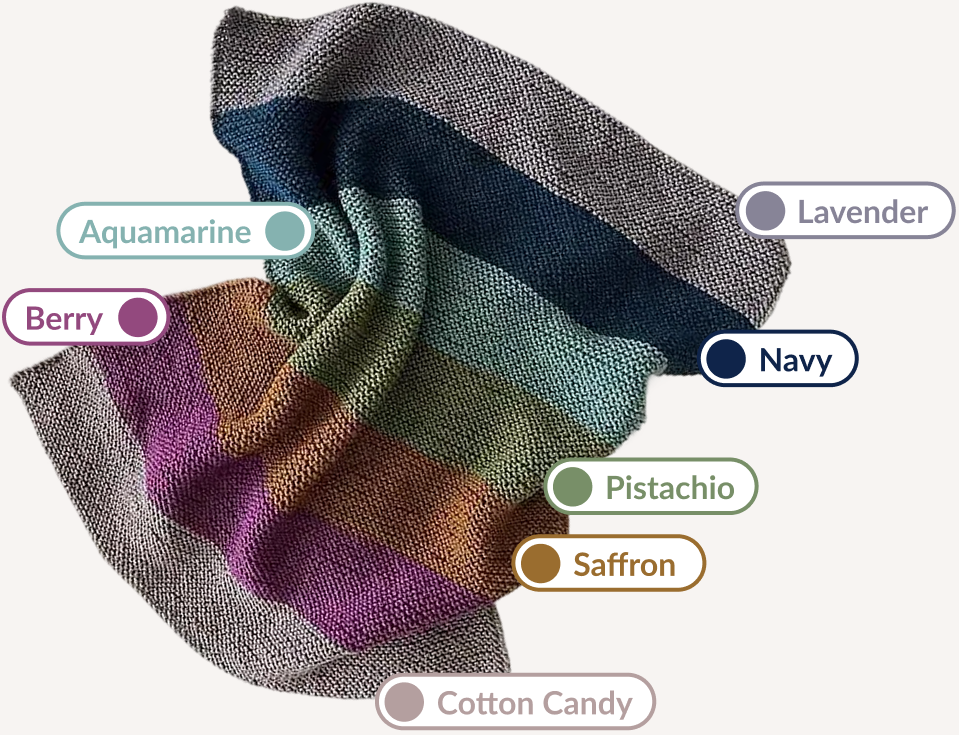 Color swatch of a knitted fabric with labeled colors on a white background