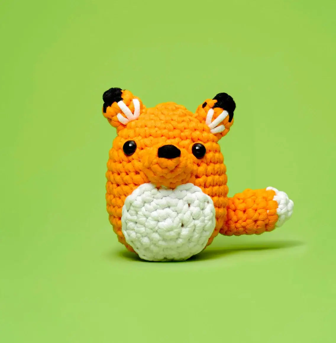 Beginner Colorful crochet dog on a green background crochet kit with yarn, hook, and stuffing