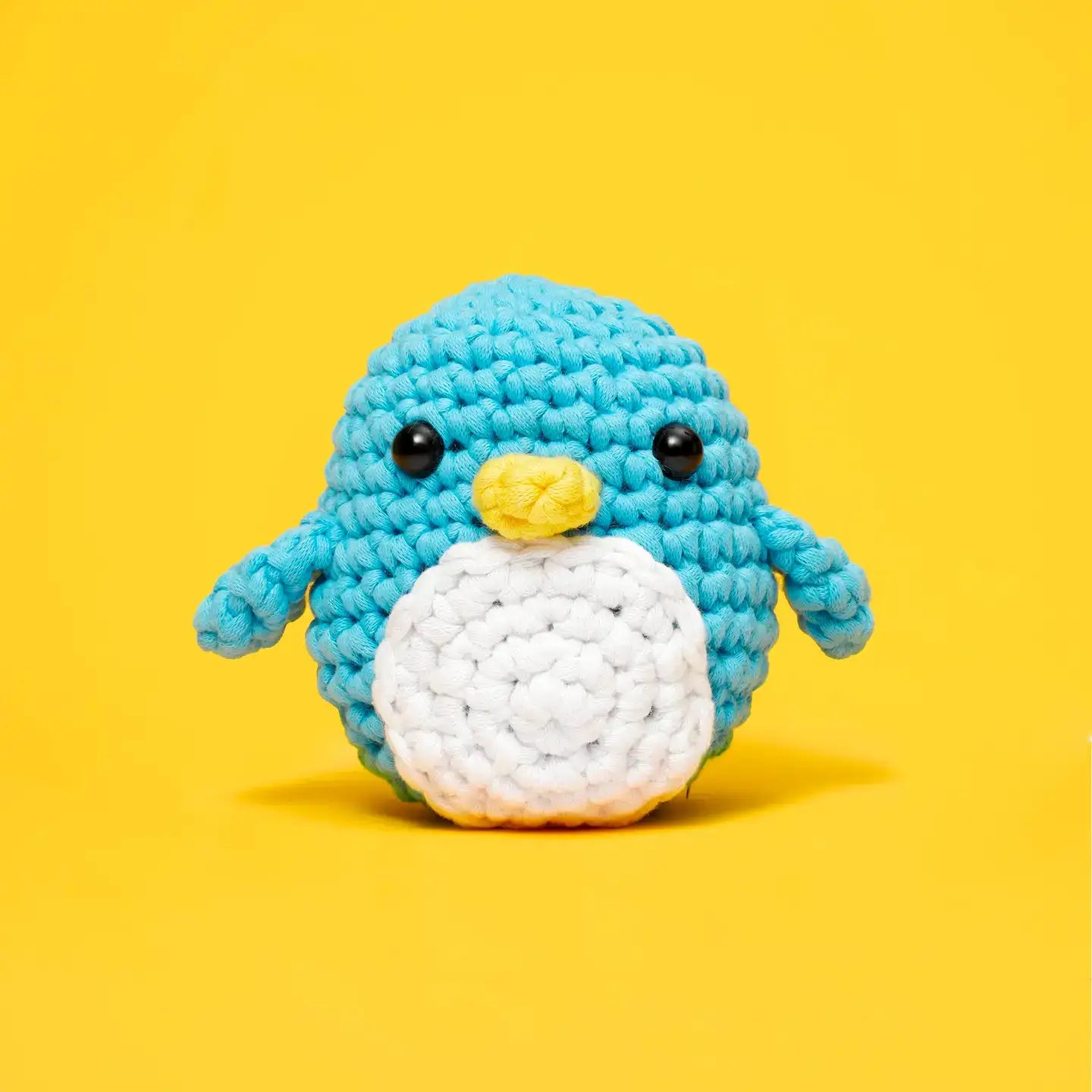 Beginner Colorful crochet dog on a green background crochet kit with yarn, hook, and stuffing